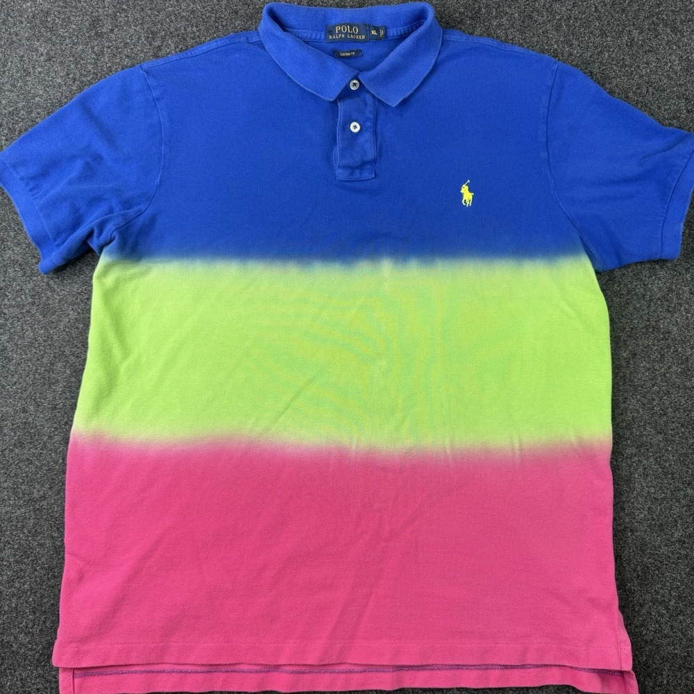 Polo Ralph Lauren Dip Dye Tie Ombre Fade Polo Shirt Size XL Custom Fit Pink Blue